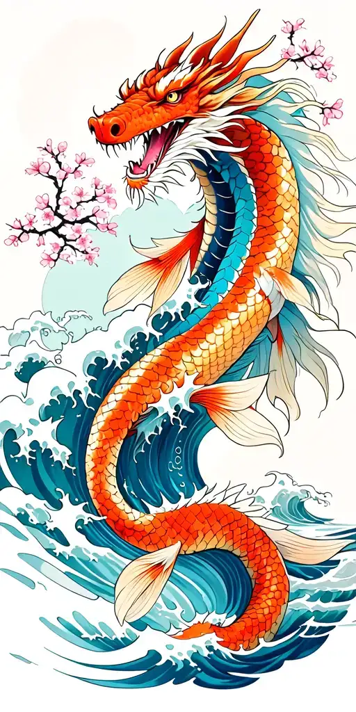A fierce dragon emerging from the ocean waves with koi fish and cherry blossom trees in the background tattoo design idea