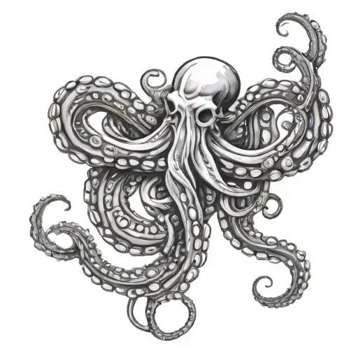 A tattoo design of an upside-down octopus swallowing Poseidon, with its tentacles wrapped around him while he holds his  tattoo design idea