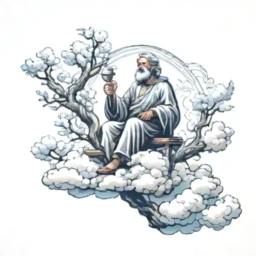 Saint Joseph walking on clouds, with two small angels flying around him with Tree of Life symbolizing spiritual growth tattoo design idea