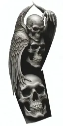 angel skull, devil skull, gritt, prison, cross, angel wings, rays, story, less black tattoo design idea