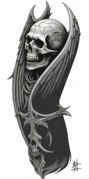 angel skull, devil skull, gritt, prison, cross, angel wings, rays, story, less black tattoo design idea