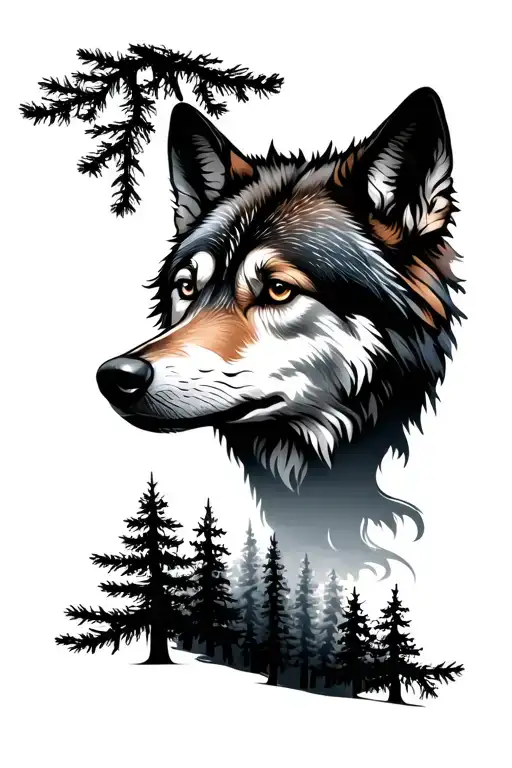 a wolf fading into pine trees growing tattoo design idea