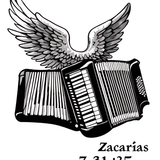 accordion with angel wings and name Zacarías and date 7/31/25  tattoo design idea