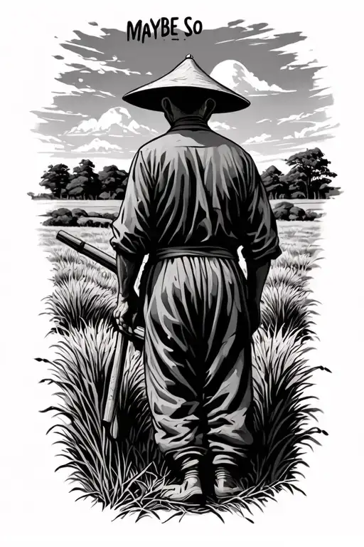 "Maybe so" old Chinese farmer working in field facing away tattoo design idea