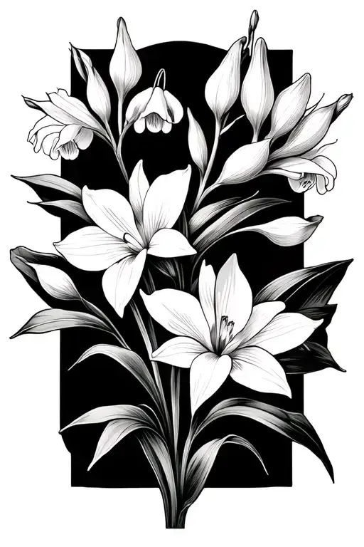 Lilly of the valley Birds of paradise Narcissus Tooled background tattoo design idea