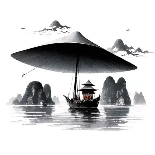 Vietnamese hat and halong bay in the hat tattoo design idea