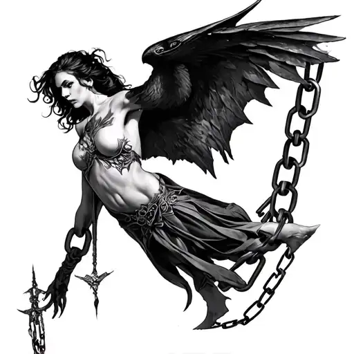 the Morrigan breaking free from chains tattoo design idea