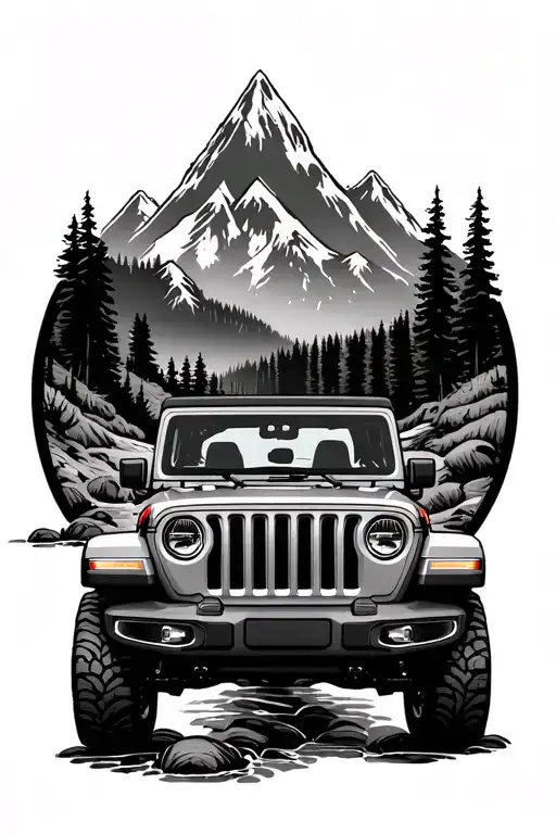 "Solivagant" "Solivagant" "Solivagant" topless jeep wrangler in wilderness creek and mountains joined together tattoo design idea