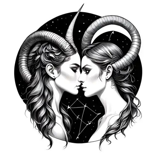female Capricorn merging with male Gemini constellation intertwined tattoo design idea