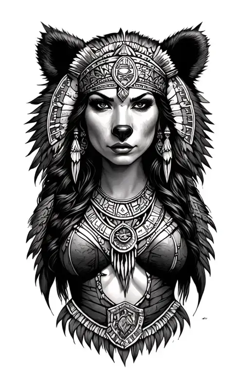azteca lady warrior, bear,raven, sexy, azteca tribal. tattoo design idea