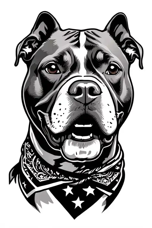 smiling pitbull wearing bandana around his neck line art tattoo design idea