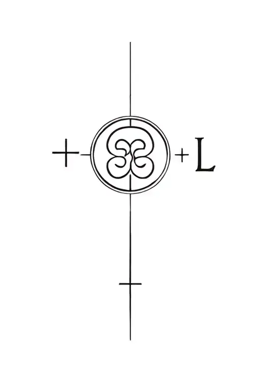 D/s dynamic inspired tattoo featuring a collar,  circle with a plus sign inside it, triskelion symbol, letter L tattoo design idea