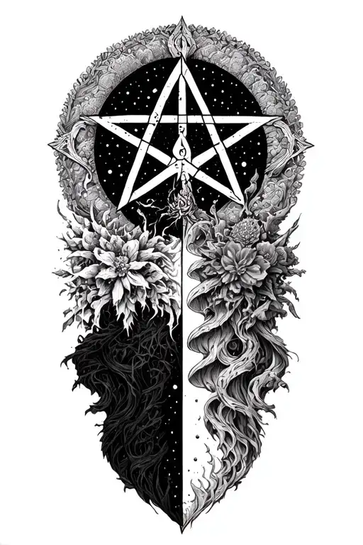 half a Pentagram and half a chaos star connecting in the middle tattoo design idea