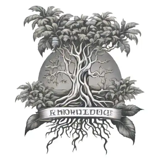 jungle tree with roots and quote "knowledge is only potential power" tattoo design idea