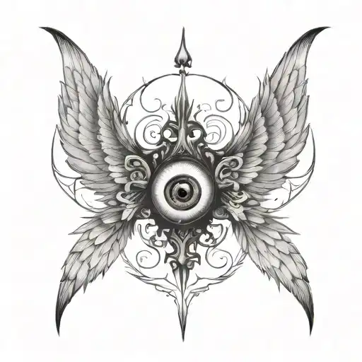 seraphim, 6 large burnt wings, demon eye in the centre, gothic tattoo design idea