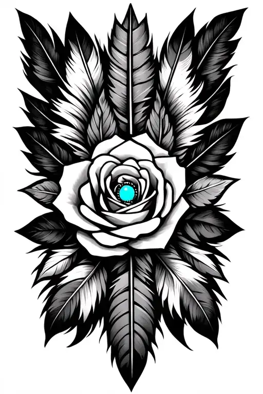 cherokee heritage, arrow head, turquoise, feathers, rose flower tattoo design idea