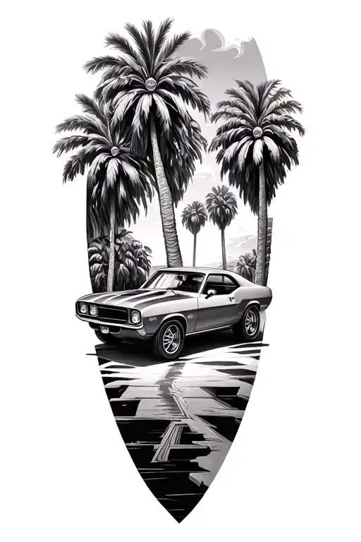 palm trees with LA and classic muscle car tattoo design idea