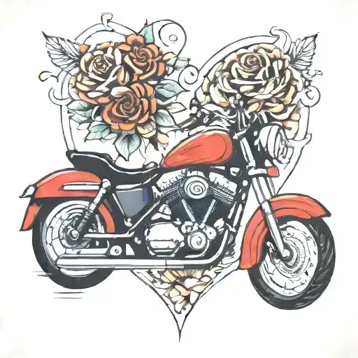 motorcycle, a heart and a masculine floral background tattoo design idea