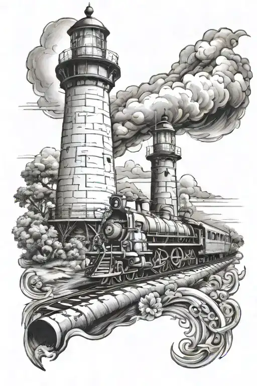 in memory of lighthouse and train   tattoo design idea