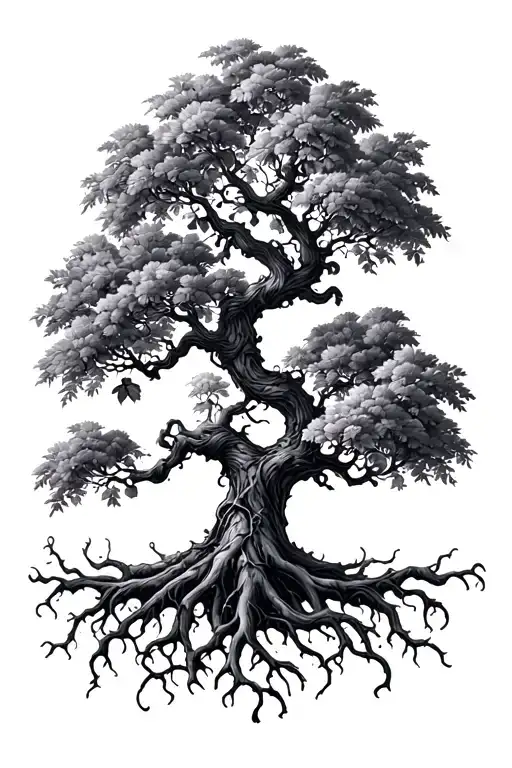 Tattoo Concept (Full Piece or Sleeve/Back Design):Central Focus:	•	A stylized apple tree with deep, twisting roots an tattoo design idea