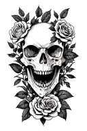 raven skull lateral view, with roses to the sides of it, gothic style tattoo design idea
