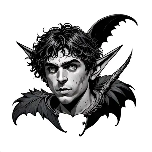 Dark and aggressive tattoo design for chest, 'Neverland' theme, featuring a demonic Peter Pan with hollow eyes and sharp tattoo design idea