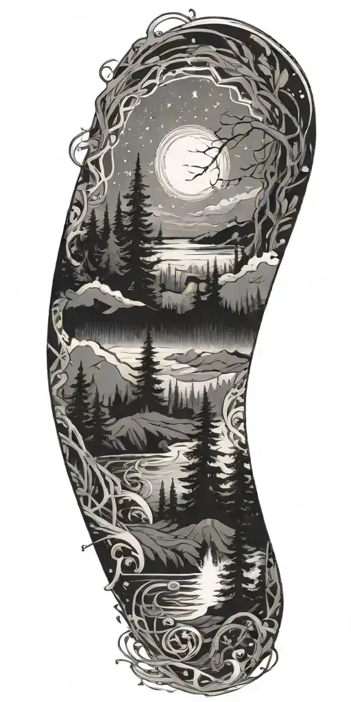flowing waves, surrounded by a mystical forest scene,subtle elements of sacred geometry and glowing stars and light tattoo design idea