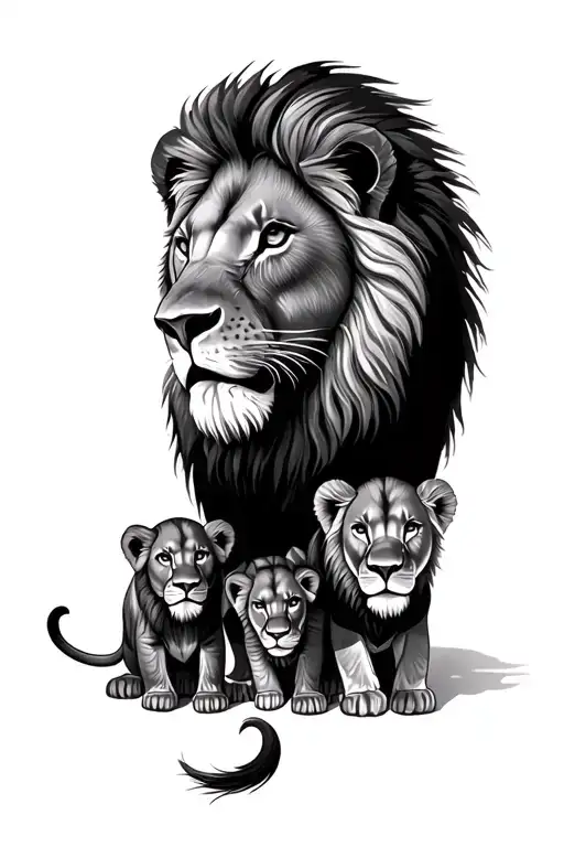 Lion family, 1 male, 1 female and 1 baby lion. vertical  tattoo design idea