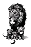 Lion family, 1 male, 1 female and 1 baby lion. vertical  tattoo design idea