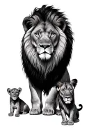 Lion family, 1 male, 1 female and 1 baby lion. vertical  tattoo design idea
