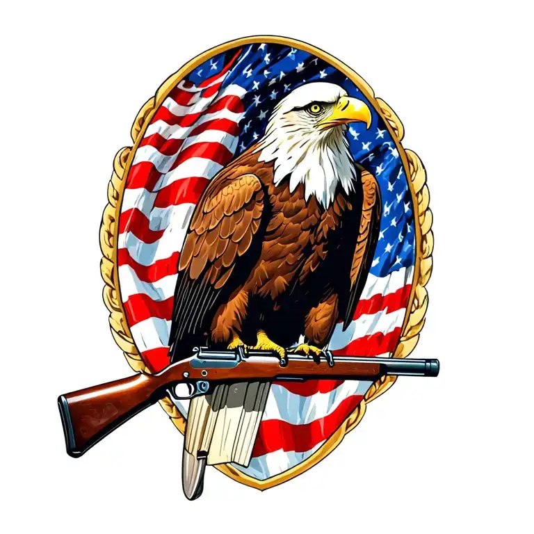 A patriotic bald eagle perched on a rifle with an American flag in the background tattoo design idea