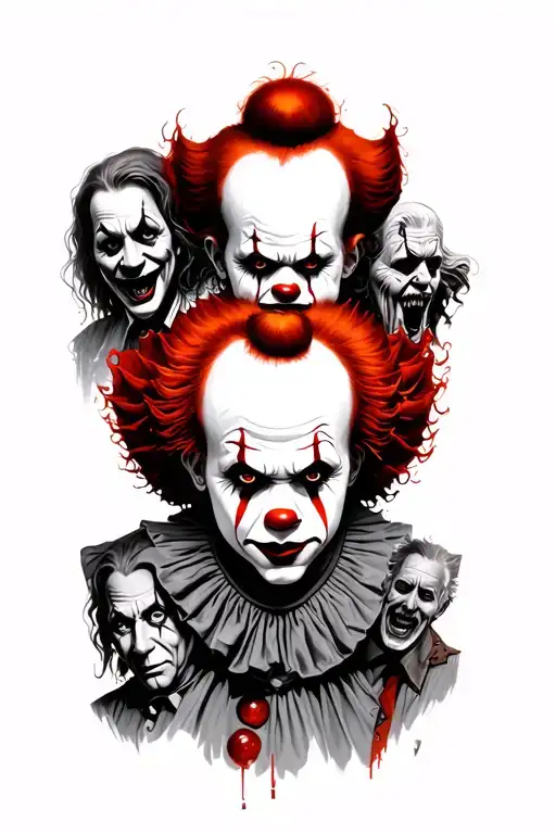 Pennywise with other horror characters around him tattoo design idea