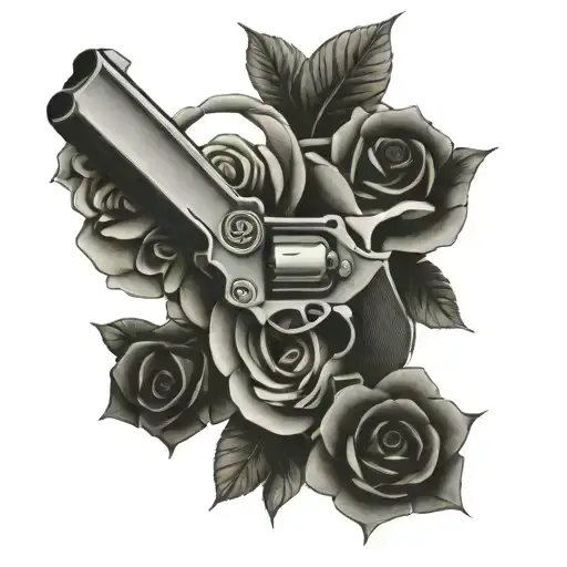 Cross Pistols (revolver) and roses tattoo design idea