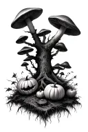 A grim realistic forest full of mushrooms and pumpkins tattoo design idea