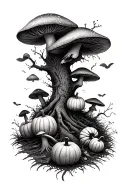 A grim realistic forest full of mushrooms and pumpkins tattoo design idea