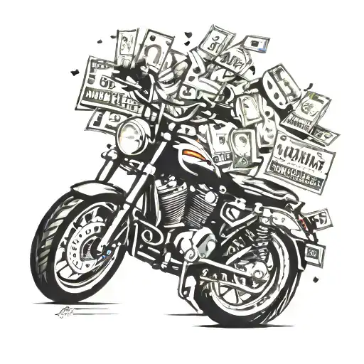daniels , harley davidson , and money raining tattoo design idea