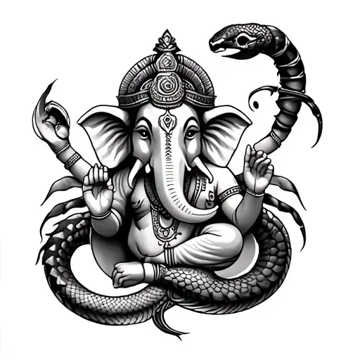 Sleeve with god Ganesha, scorpion and snake tattoo design idea