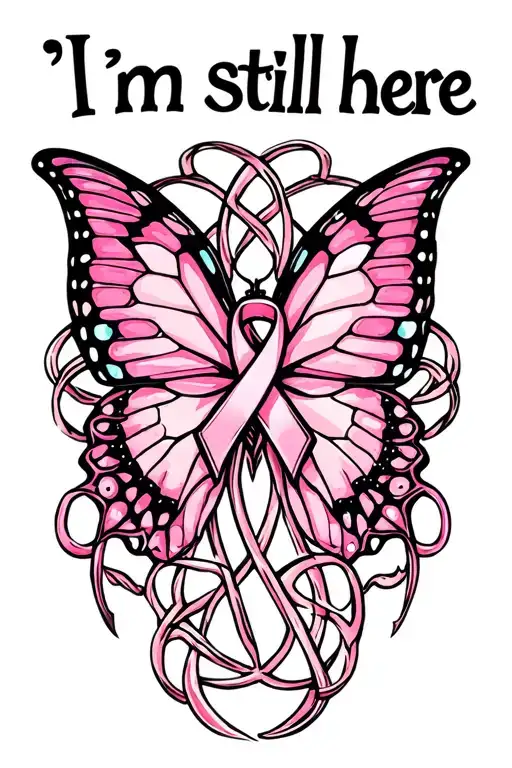 "I’m still here" Celtic butterfly with breast cancer ribbon intertwined tattoo design idea