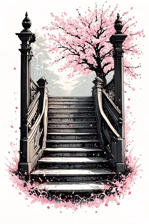 Heaven gates open with stairs using white ink splatter cherry blossom tattoo design idea