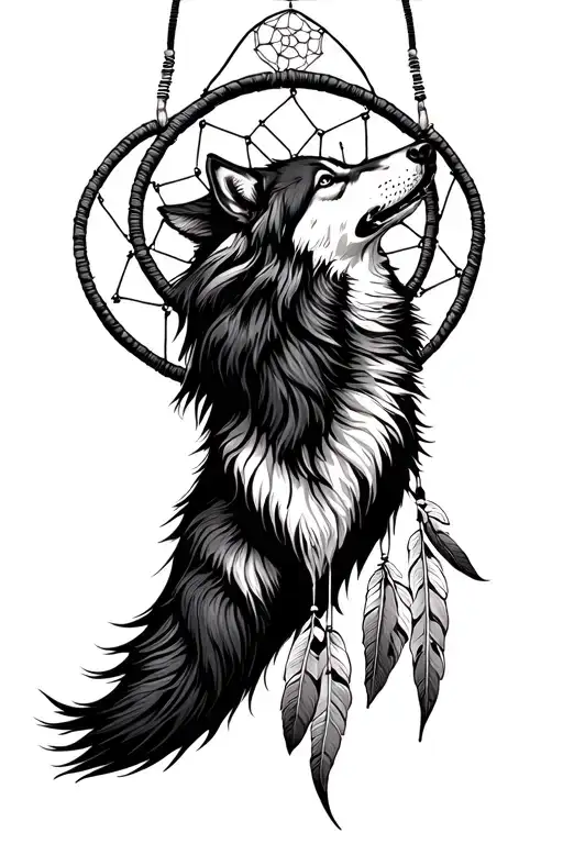 howling wolf on a dream catcher tattoo design idea