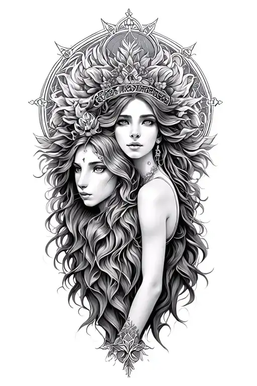 Goddess Astrid and Leo zodiac sign intertwined tattoo design idea