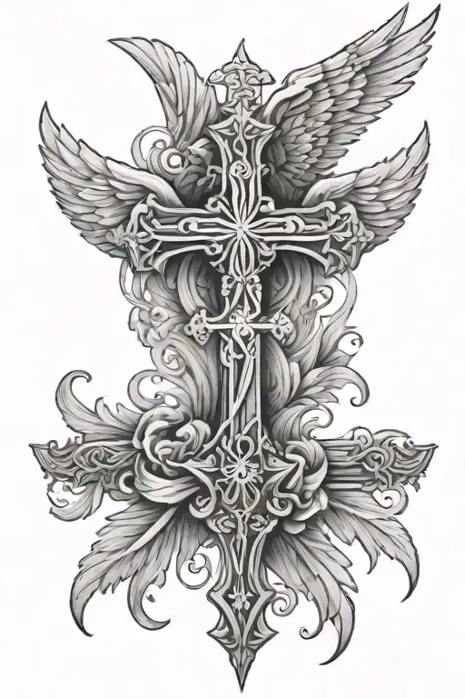 christian cross with angel wings tattoo design idea