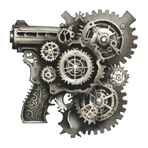 A gun with clock gears and cogs inside tattoo design idea
