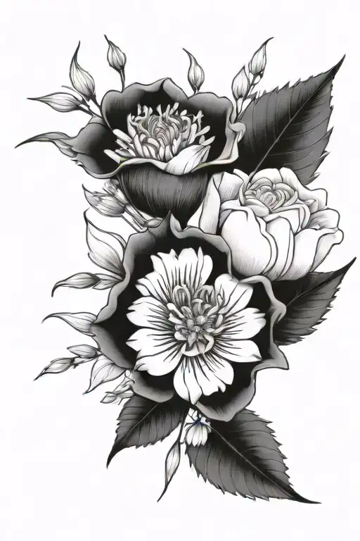  Make a bouquet of flowers using the birth month of January February and July at the ends they’re gonna have names. The  tattoo design idea
