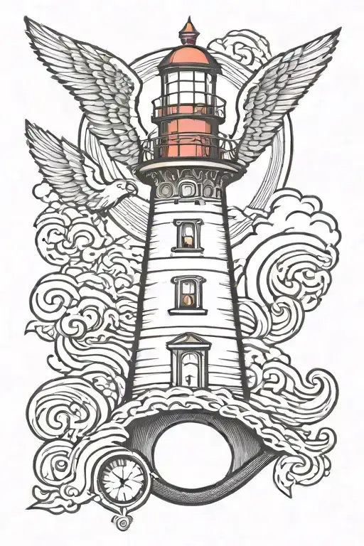 lighthouse with eye angel wings and waves tattoo design idea