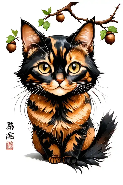 long haired tortoiseshell cat with acorn tree branches tattoo design idea