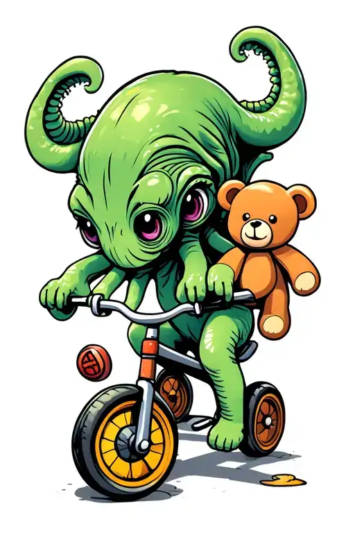 side view of baby cthulhu riding tricycle and carrying a teddy bear tattoo design idea