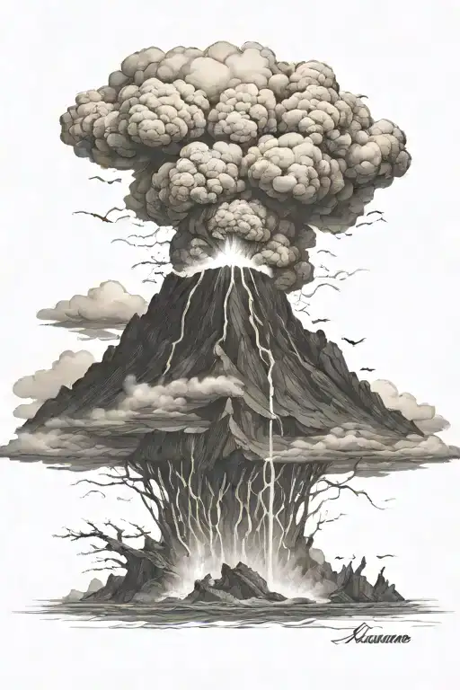 erupting vulcano with spilling lava, a thunderstorm above and a rough see at the bottom tattoo design idea