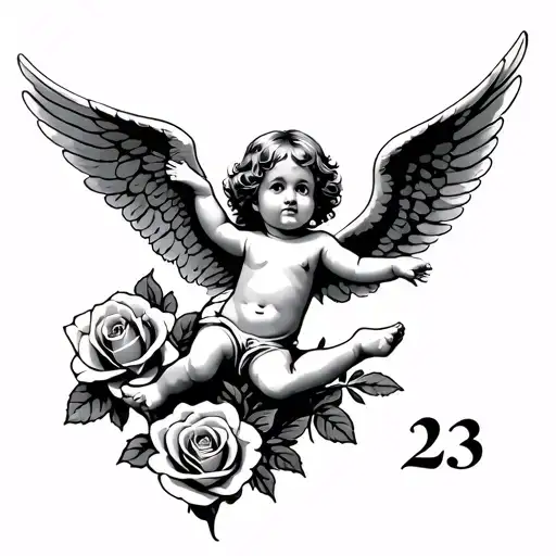 baby angel flying in the sky and 3 roses below him and the number 23 all in chicano style tattoo design idea