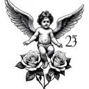 baby angel flying in the sky and 3 roses below him and the number 23 all in chicano style tattoo design idea